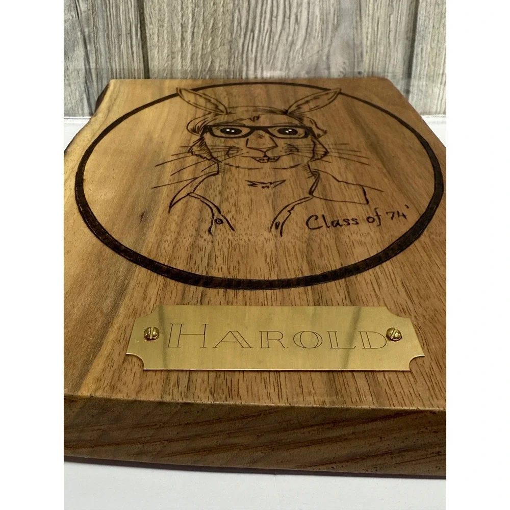 Handcrafted Harold Rabbit Class of 74 Wood Burned Live Edge Wall Plaque Art